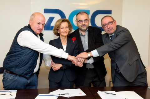 Miguel Ángel Cilleros, de UGT; Elena Salgado, Presidenta de la AEC; José María Martínez, de CCOO y Juan Ramón Navarro Tarrero, Director Gerente de ANEIMO.